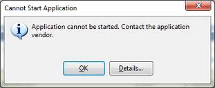 "Application cannot be started contact the application vendor" (Error)