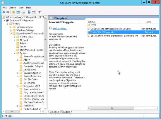 Enable NTFS long paths (Windows Server 2016) (Group Policy - Powershell)