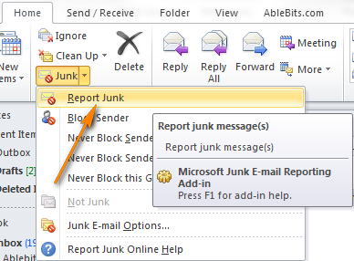 Configure Outlook Junk Mail Filter to stop fake e-mail