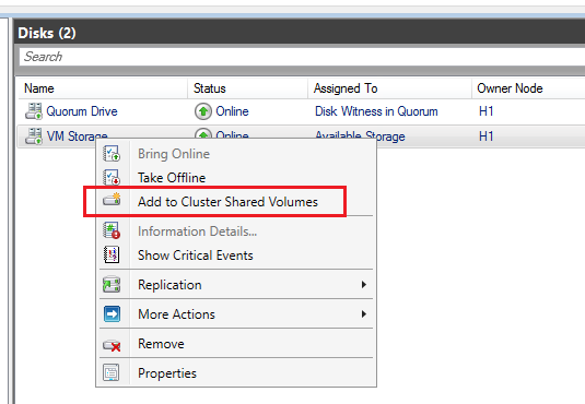 Windows Server 2016 - Create and Enable Clustered Shared Volumes (CSV)